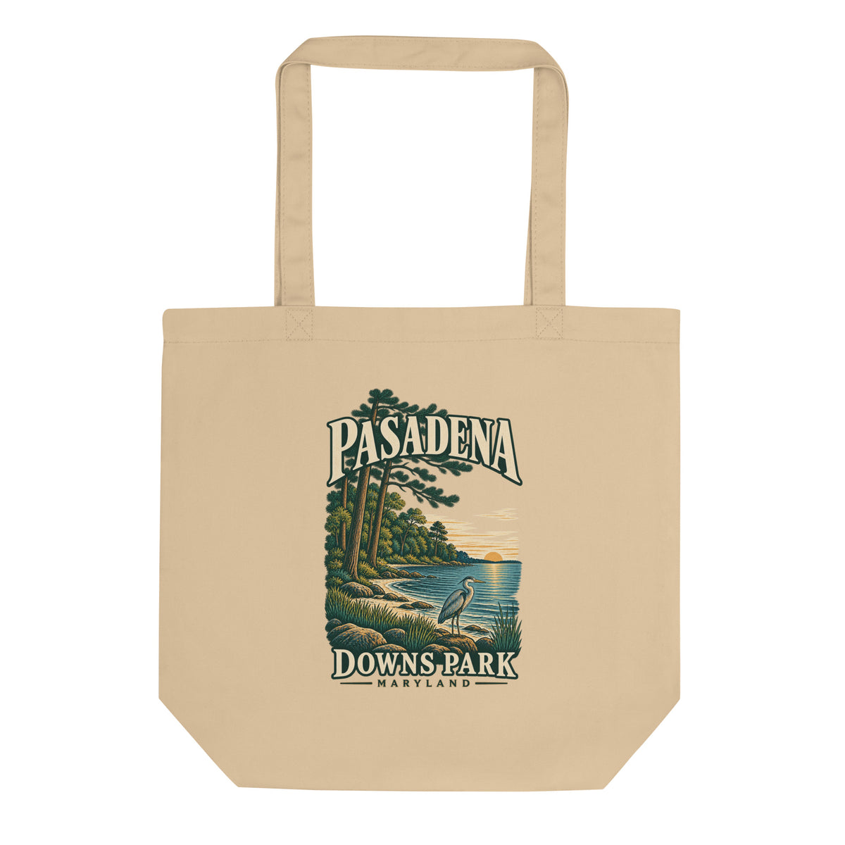 Pasadena Maryland Downs Park Shoreline Organic Cotton Tote Bag in Oyster, showing the original printed front design