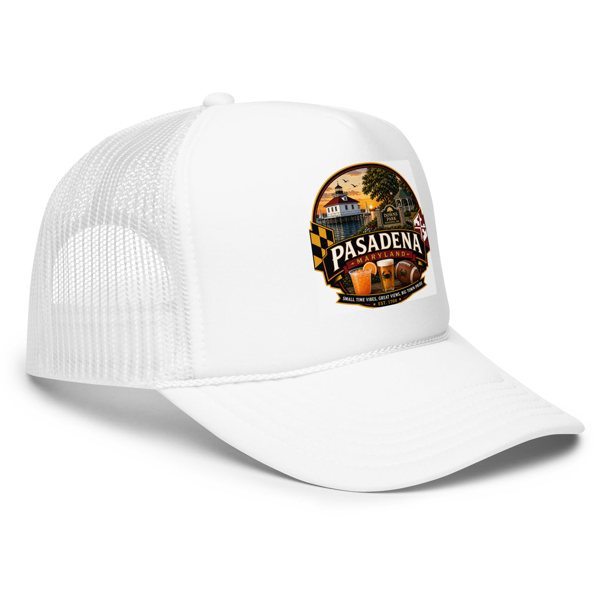 Pasadena Maryland Hometown Badge foam trucker hat – White right-front view