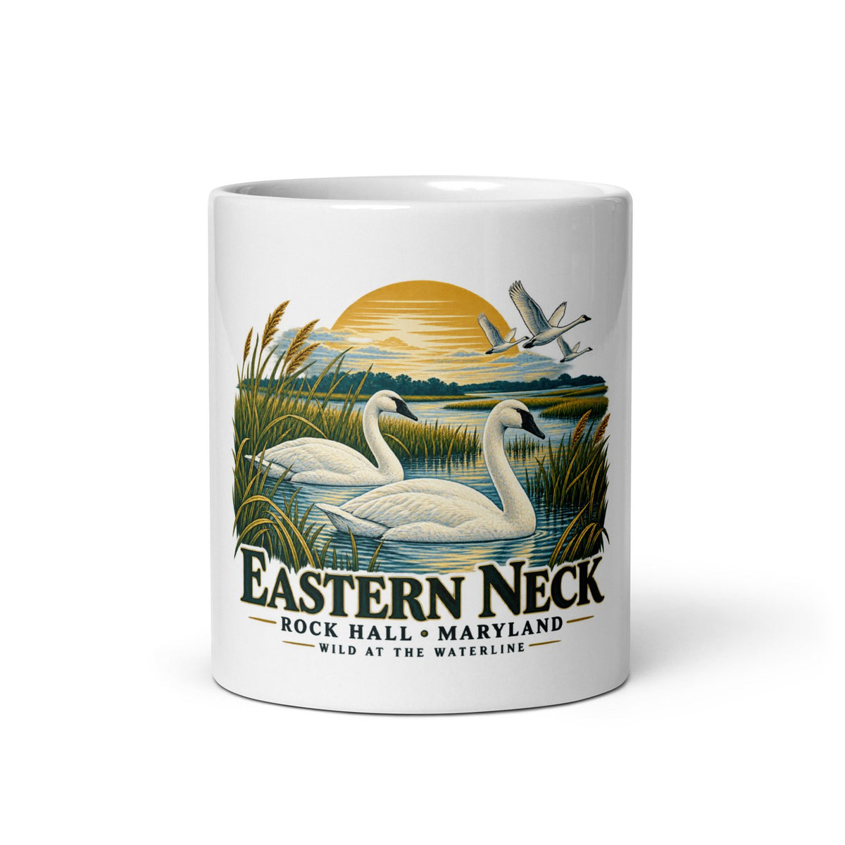 Rock Hall Maryland eastern neck swans artwork on 11 oz ceramic coffee mug