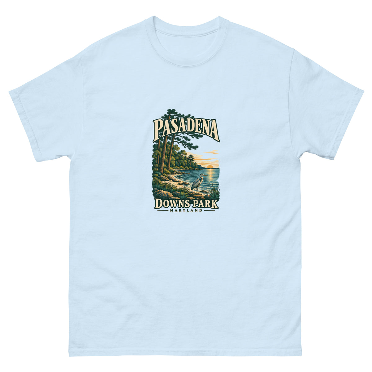 Pasadena Maryland Downs Park Shoreline Unisex T-Shirt in Light Blue, showing the original printed front design