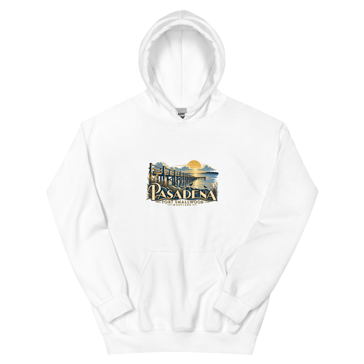 Pasadena Maryland Fort Smallwood Pier hoodie in White, front view showing complete printed artwork above the pouch pocket