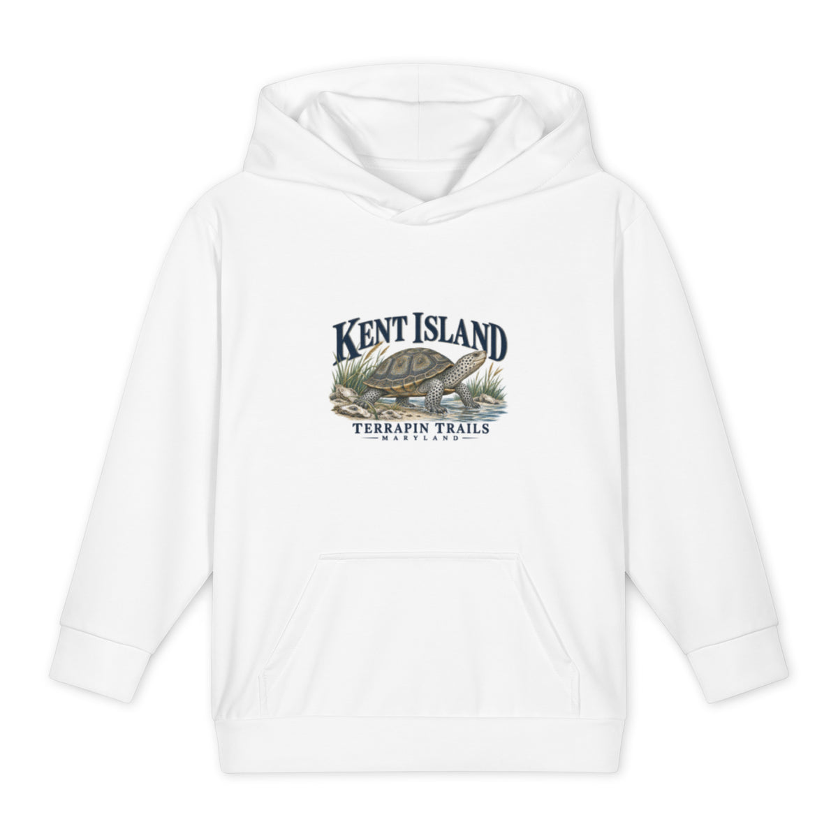 White Kent Island Terrapin Trails youth hoodie with diamondback terrapin artwork above the pocket