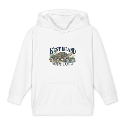 White Kent Island Terrapin Trails youth hoodie with diamondback terrapin artwork above the pocket