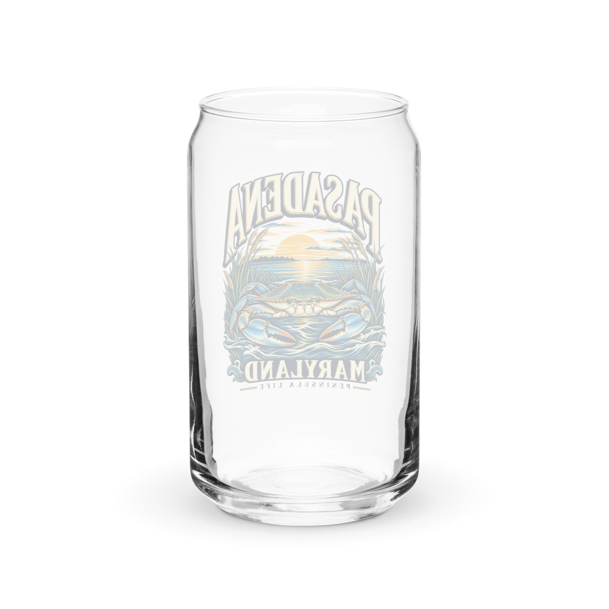 Pasadena Maryland Peninsula Life blue crab can-shaped glass, back view