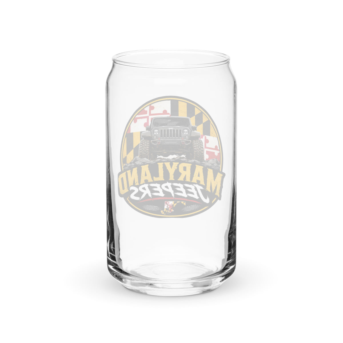 Maryland Jeepers flag badge 16 oz can-shaped glass — back view