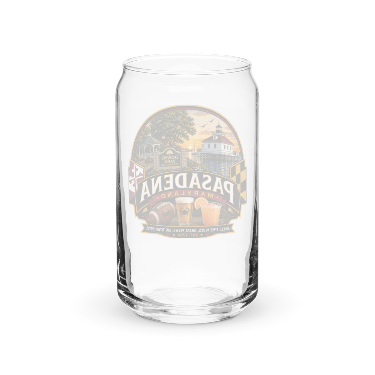 Pasadena Maryland Hometown Badge 16 oz. can-shaped glass – plain back view
