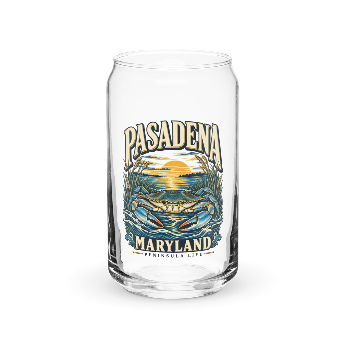 Pasadena Maryland Peninsula Life blue crab can-shaped glass, front view