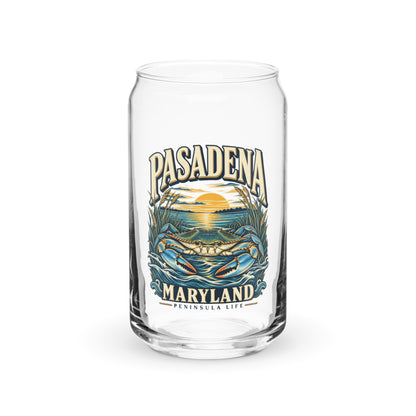 Pasadena Maryland Peninsula Life blue crab can-shaped glass, front view