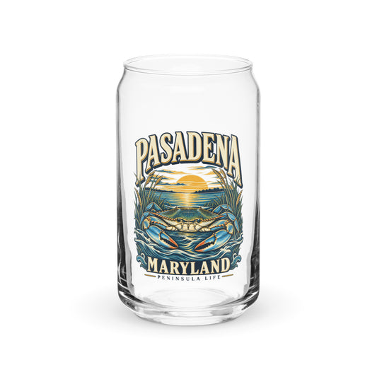 Pasadena Maryland Peninsula Life blue crab can-shaped glass, front view
