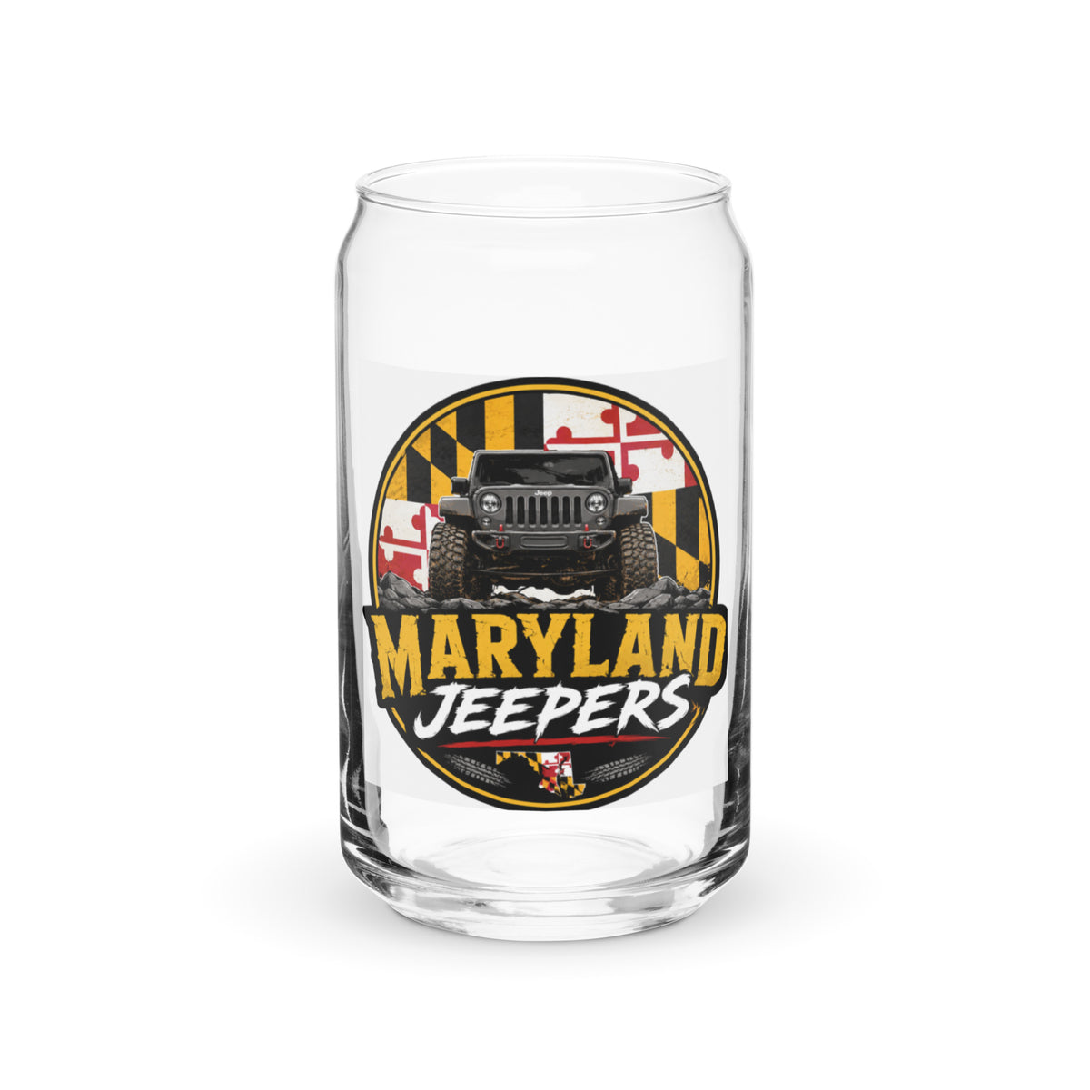 Maryland Jeepers flag badge 16 oz can-shaped glass — front view