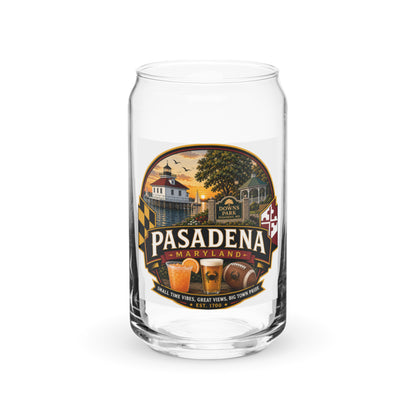 Pasadena Maryland Hometown Badge 16 oz. can-shaped glass – plain front view