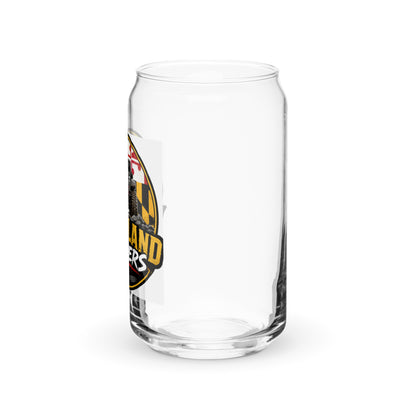 Maryland Jeepers flag badge 16 oz can-shaped glass — left view