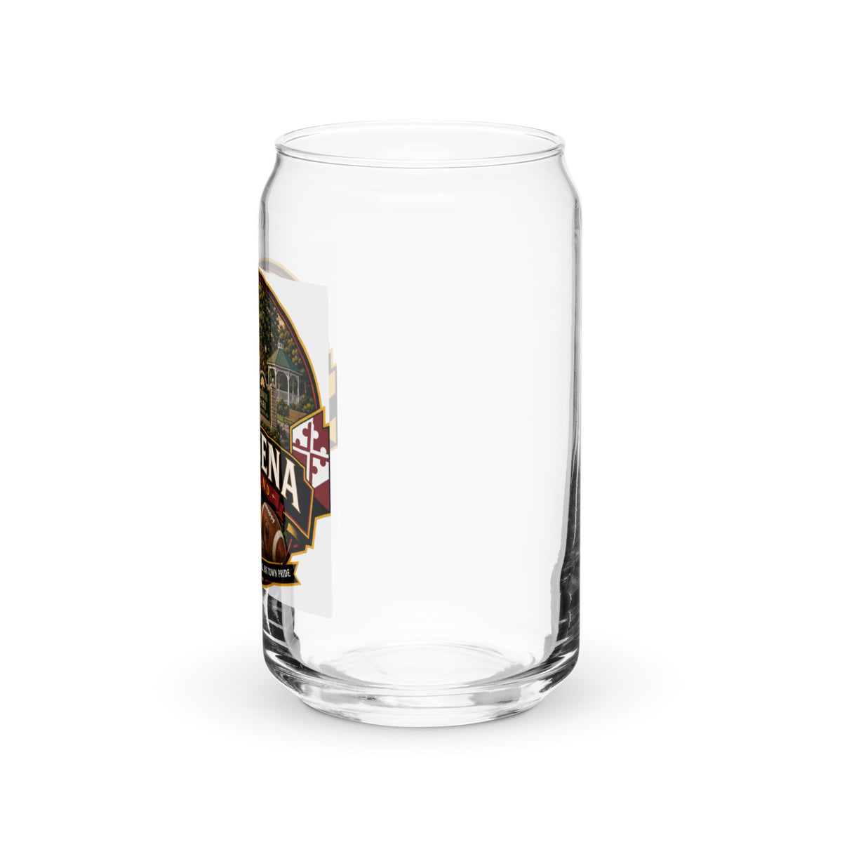Pasadena Maryland Hometown Badge 16 oz. can-shaped glass – plain left view