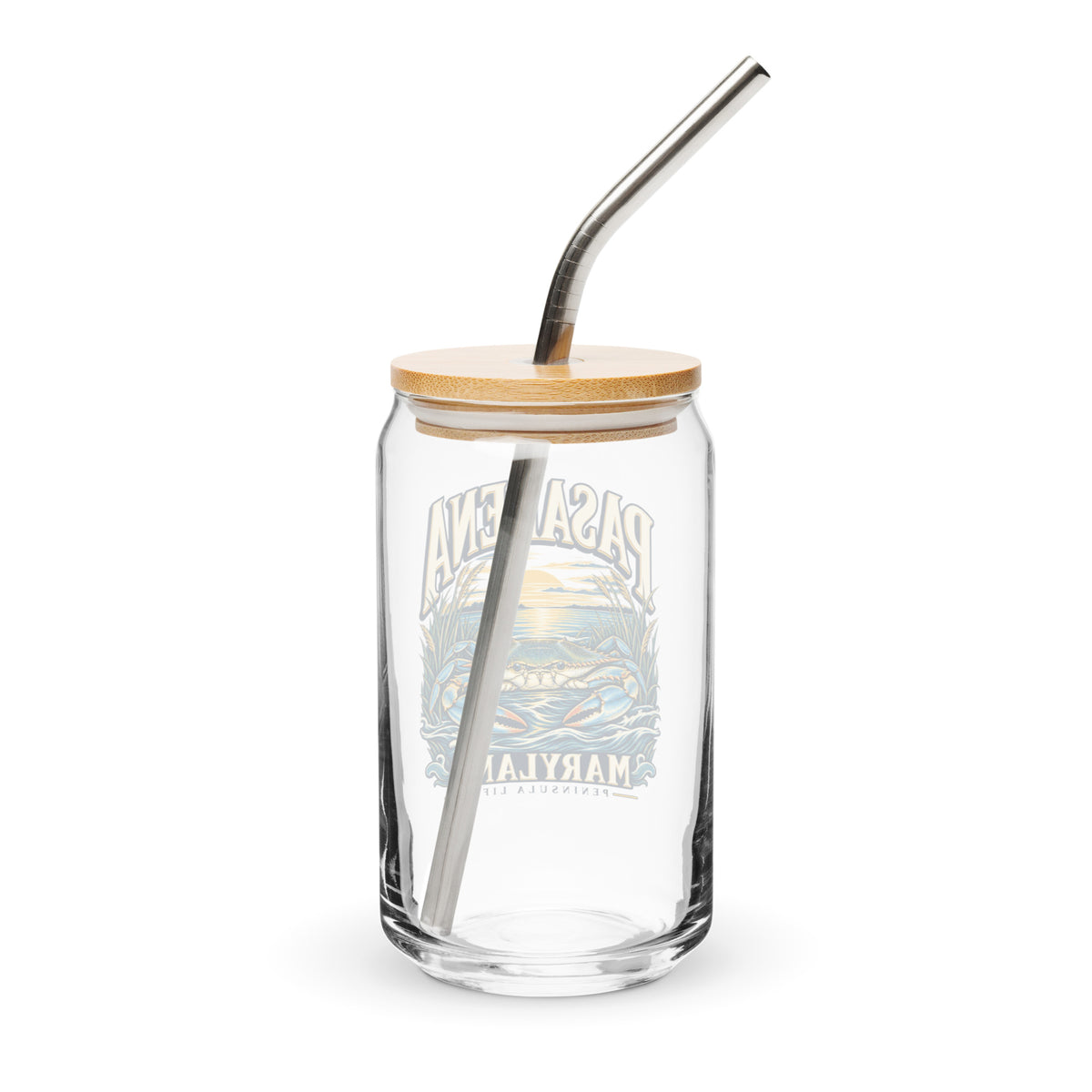 Pasadena Maryland Peninsula Life blue crab can-shaped glass, with bamboo lid and metal straw, back view
