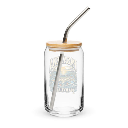 Pasadena Maryland Peninsula Life blue crab can-shaped glass, with bamboo lid and metal straw, back view