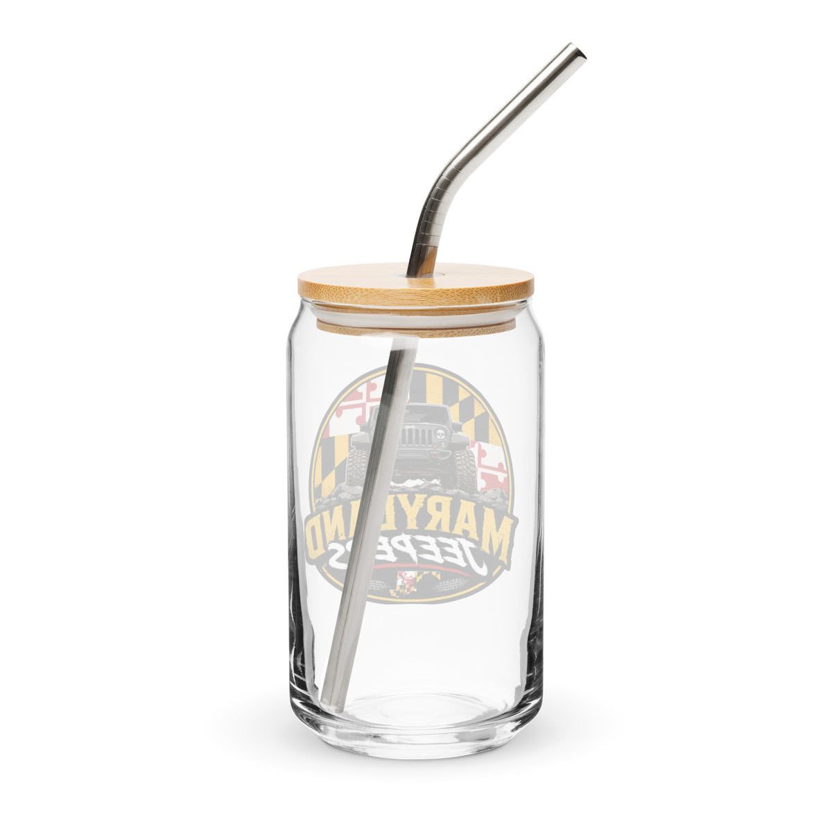 Maryland Jeepers flag badge 16 oz can-shaped glass with lid and straw — back view