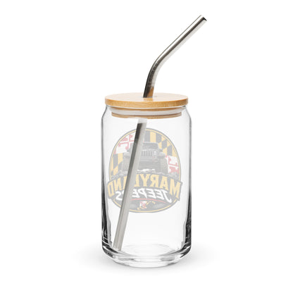 Maryland Jeepers flag badge 16 oz can-shaped glass with lid and straw — back view