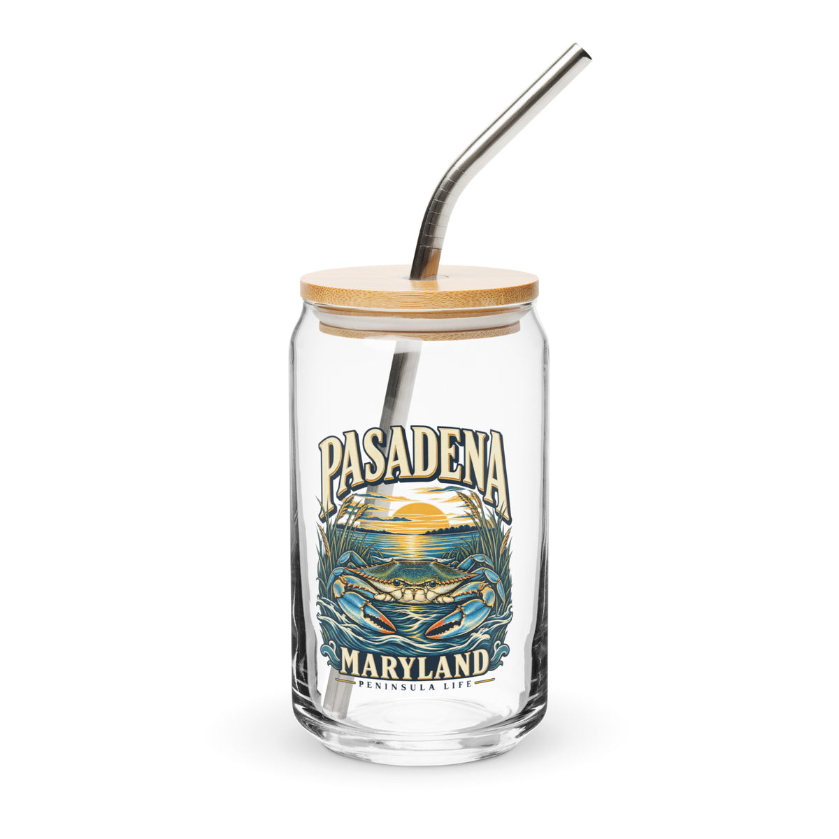 Pasadena Maryland Peninsula Life blue crab can-shaped glass, with bamboo lid and metal straw, front view