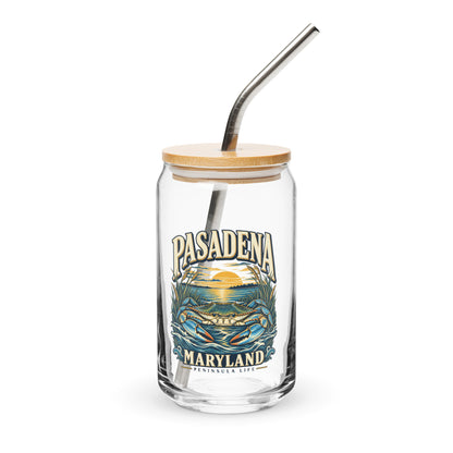 Pasadena Maryland Peninsula Life blue crab can-shaped glass, with bamboo lid and metal straw, front view