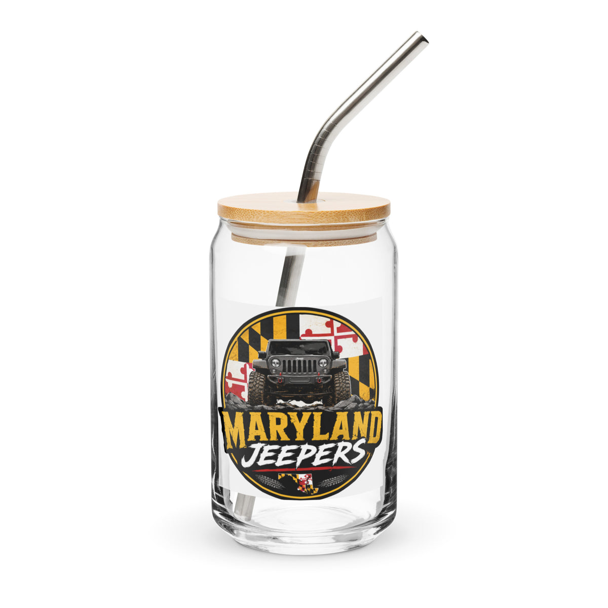 Maryland Jeepers flag badge 16 oz can-shaped glass with lid and straw — front view