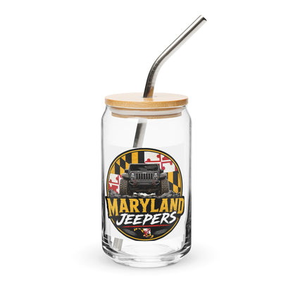 Maryland Jeepers flag badge 16 oz can-shaped glass with lid and straw — front view