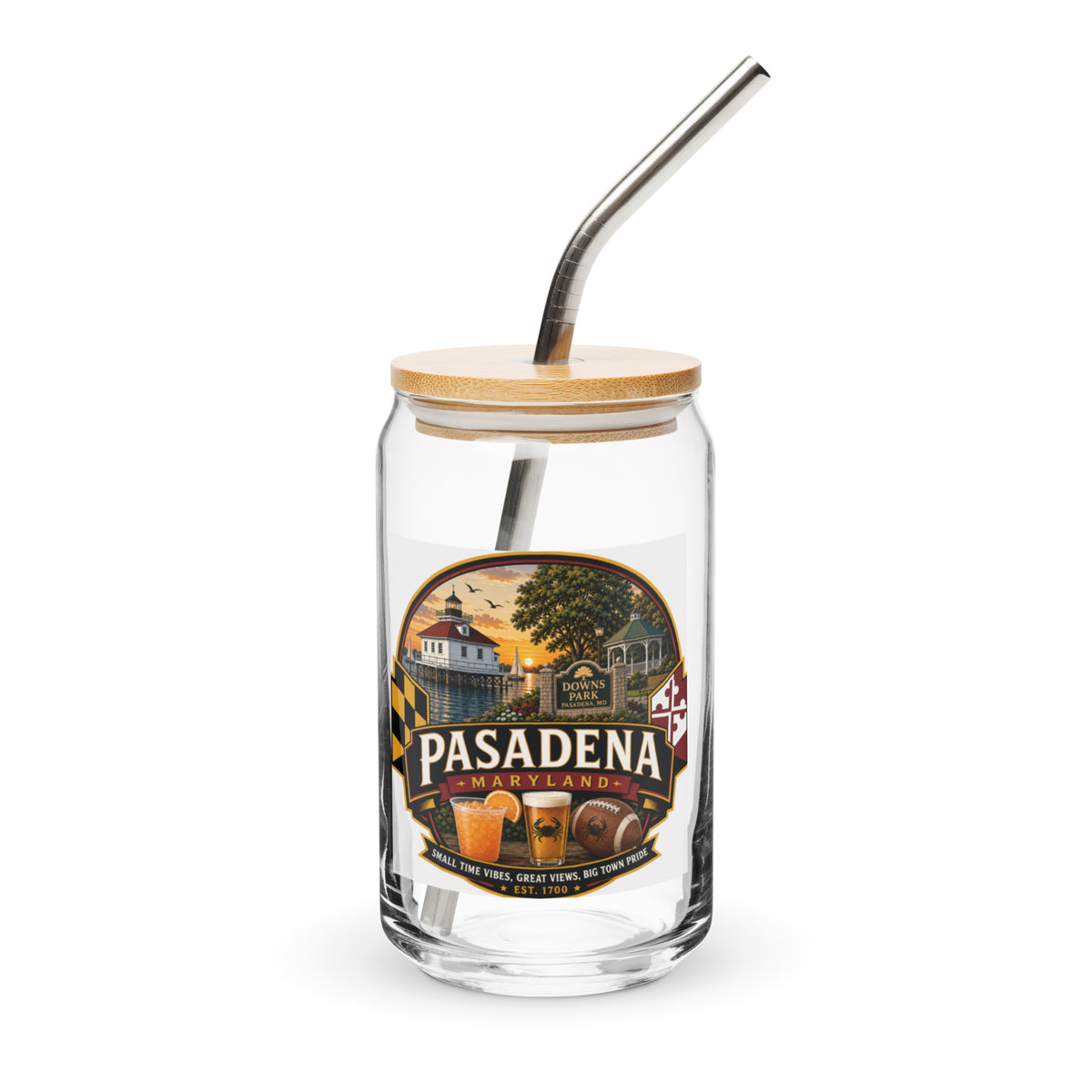 Pasadena Maryland Hometown Badge 16 oz. can-shaped glass – lid and straw front view