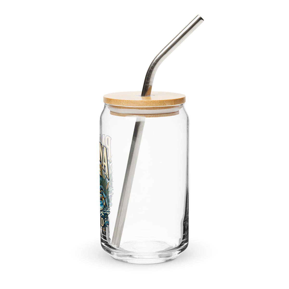 Pasadena Maryland Peninsula Life blue crab can-shaped glass, with bamboo lid and metal straw, left view