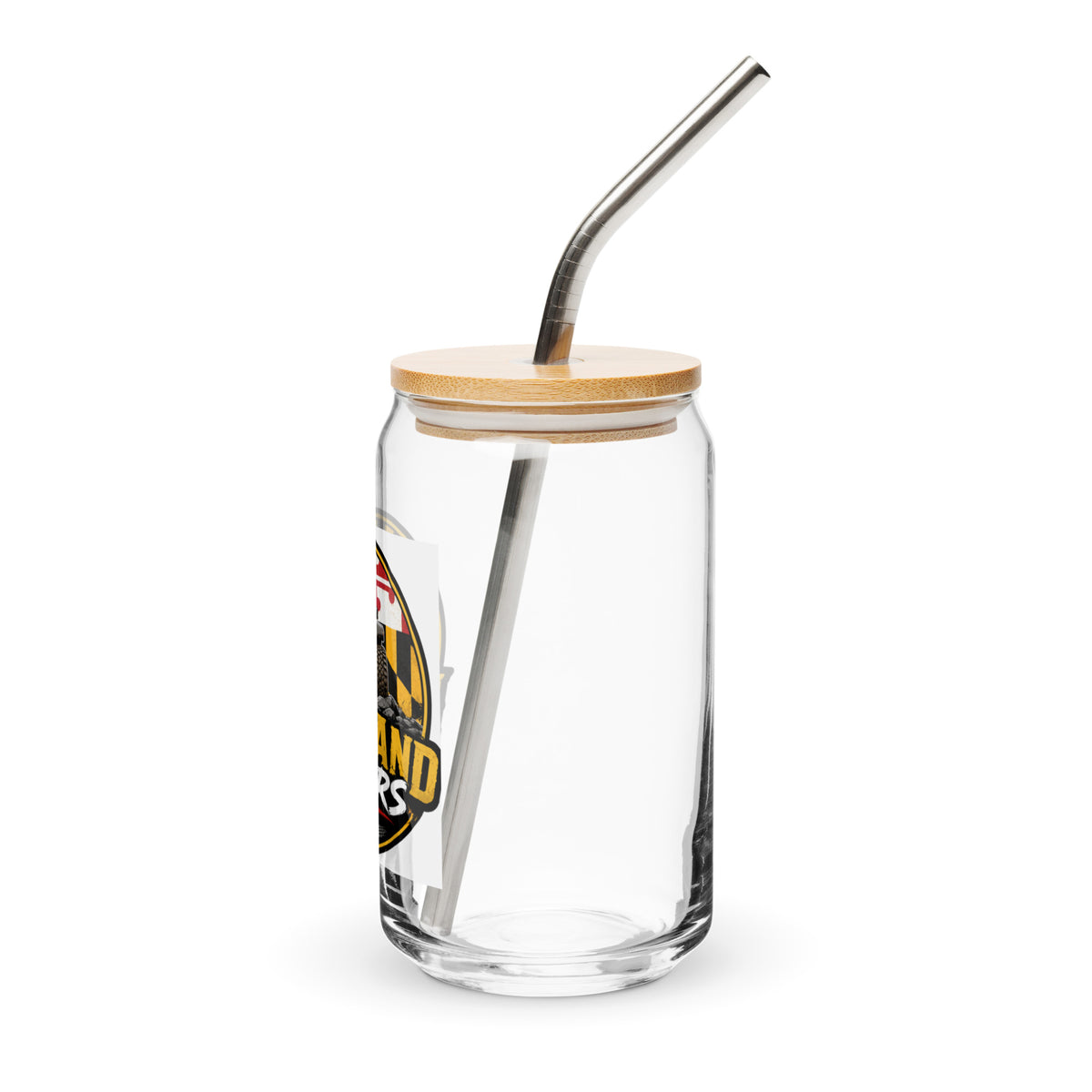 Maryland Jeepers flag badge 16 oz can-shaped glass with lid and straw — left view