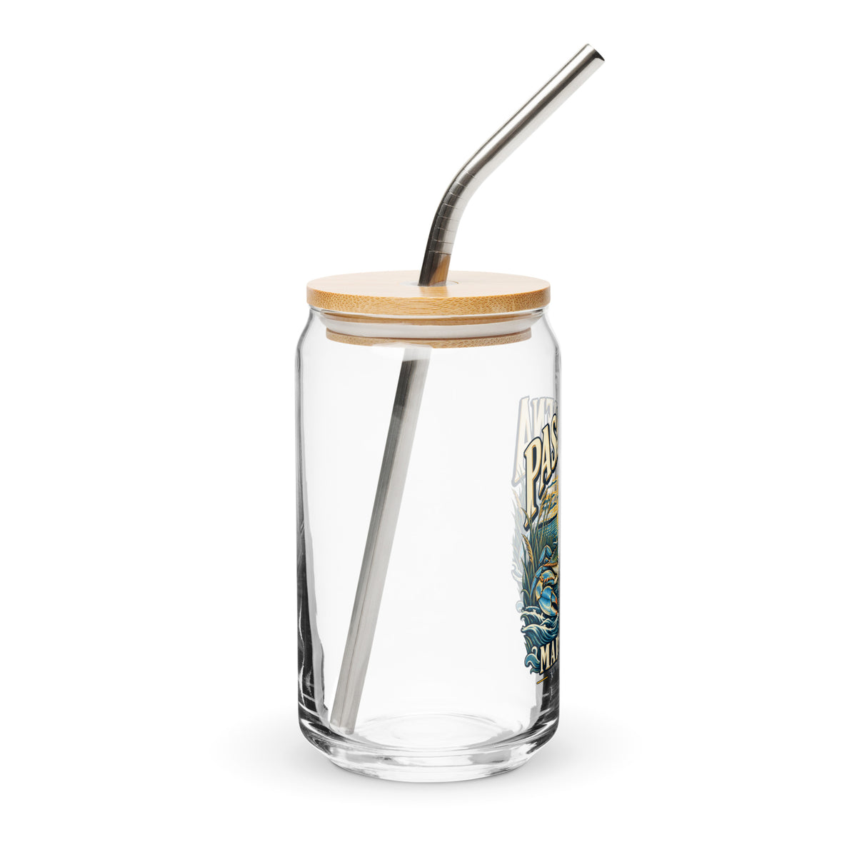 Pasadena Maryland Peninsula Life blue crab can-shaped glass, with bamboo lid and metal straw, right view