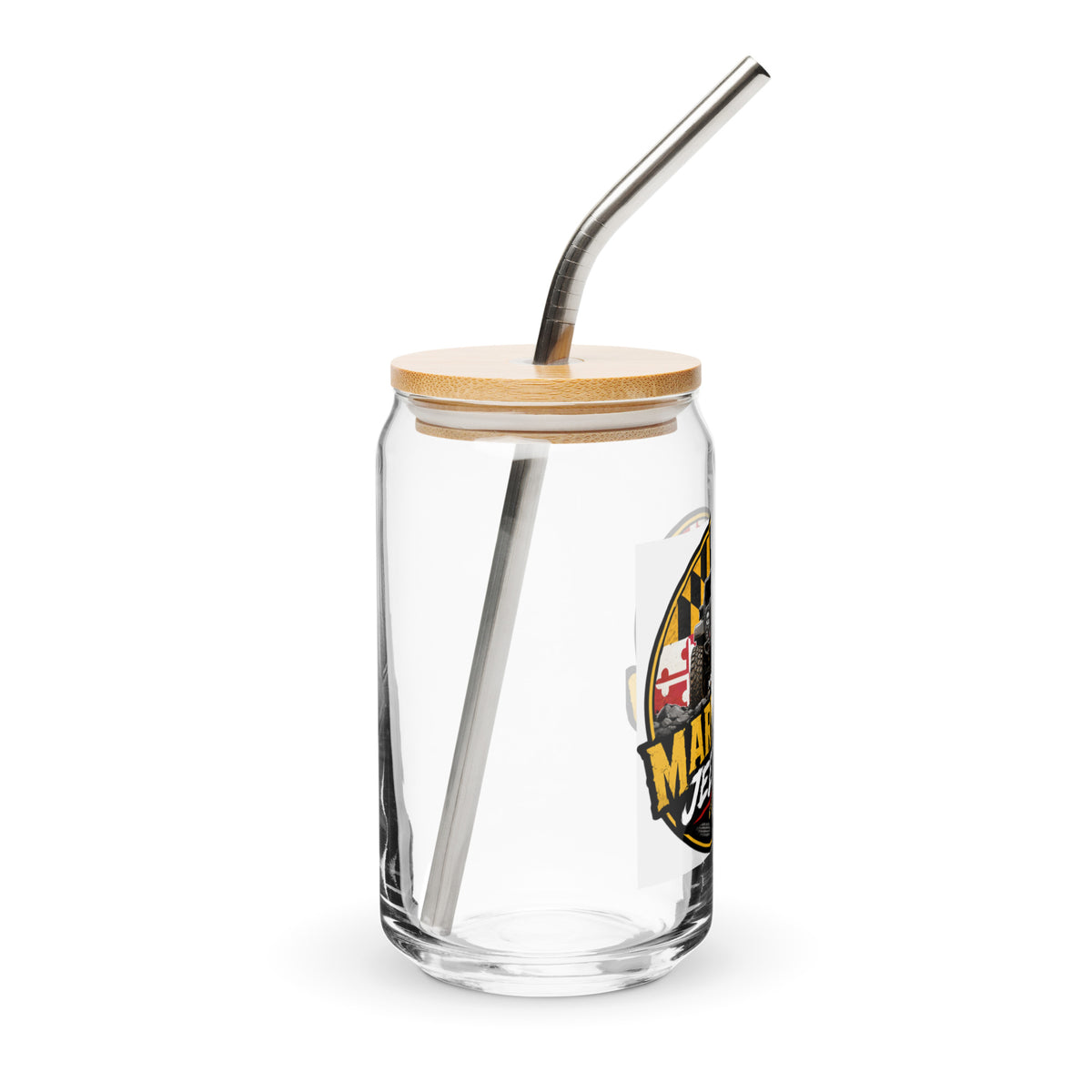 Maryland Jeepers flag badge 16 oz can-shaped glass with lid and straw — right view