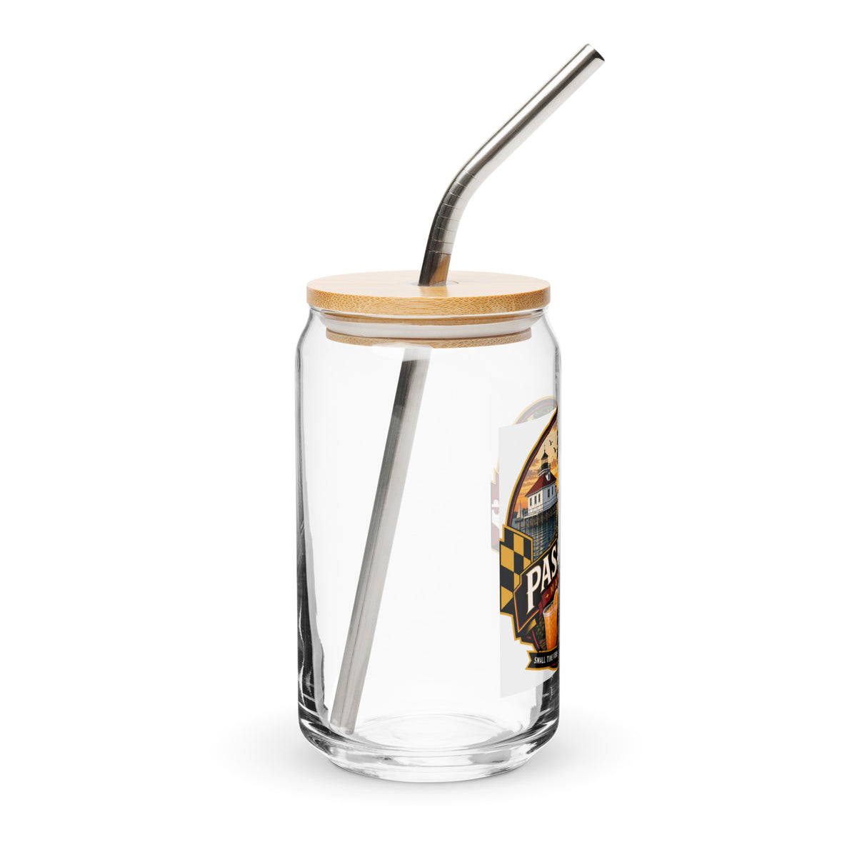 Pasadena Maryland Hometown Badge 16 oz. can-shaped glass – lid and straw right view