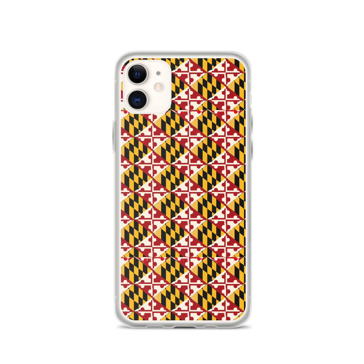 Maryland Flag Remix clear case for iPhone iphone 11, shown on phone