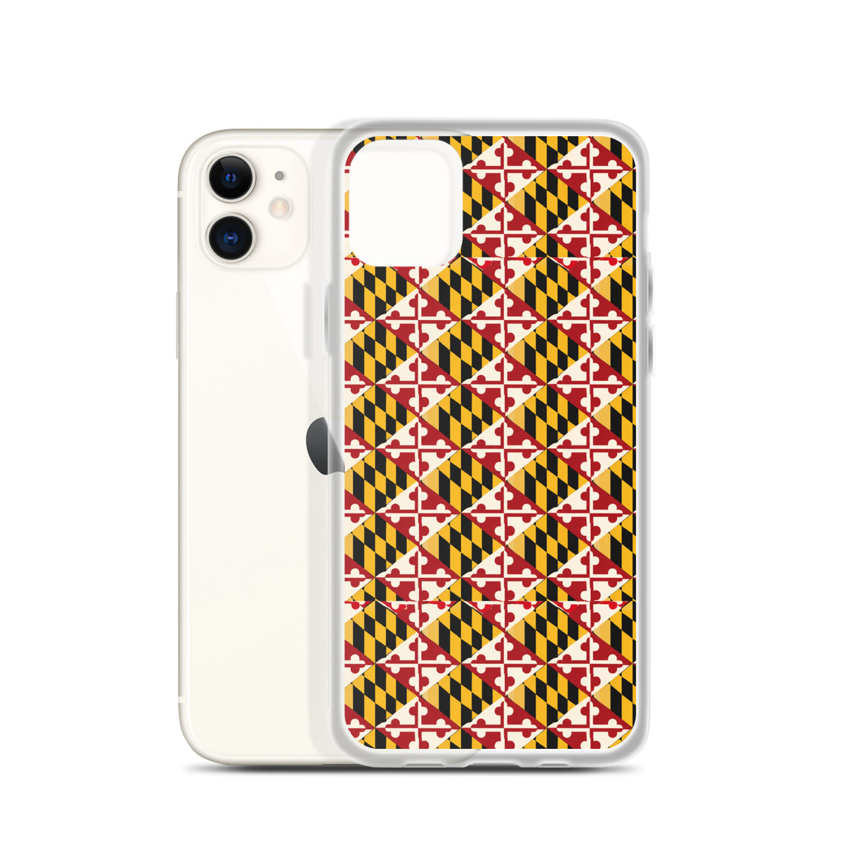 Maryland Flag Remix clear case for iPhone iphone 11, shown beside phone