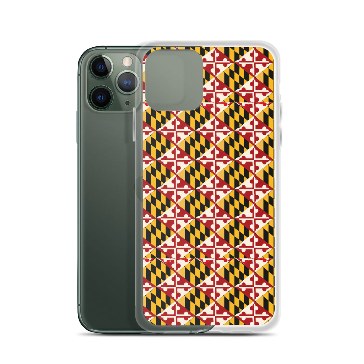 Maryland Flag Remix clear case for iPhone iphone 11 pro, shown beside phone