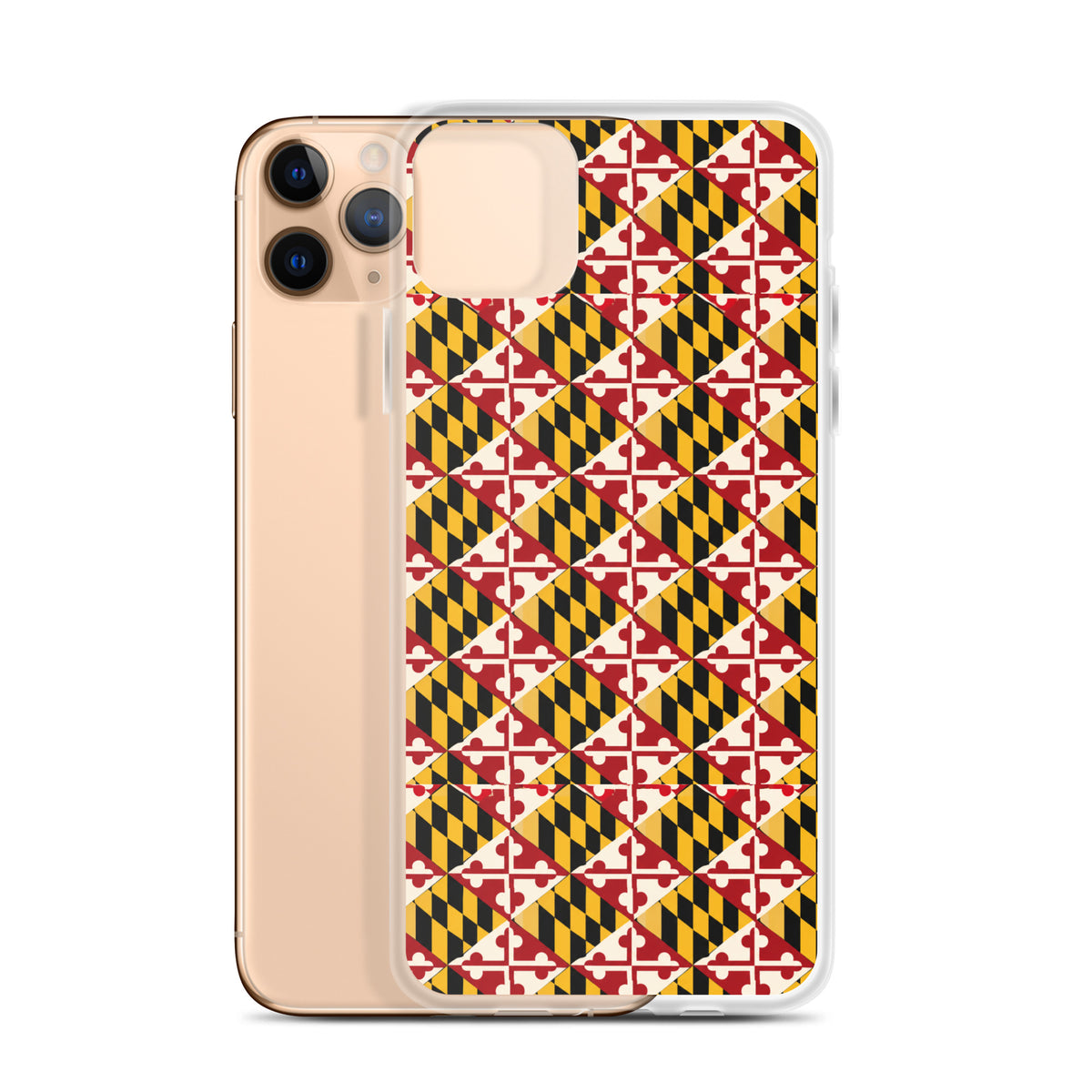 Maryland Flag Remix clear case for iPhone iphone 11 pro max, shown beside phone
