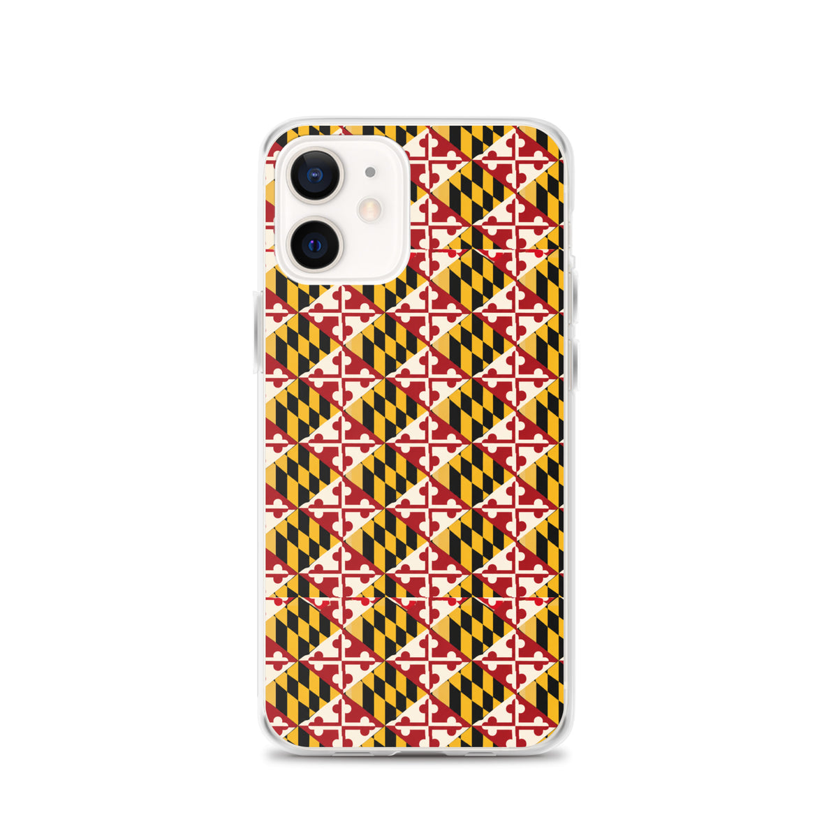 Maryland Flag Remix clear case for iPhone iphone 12, shown on phone