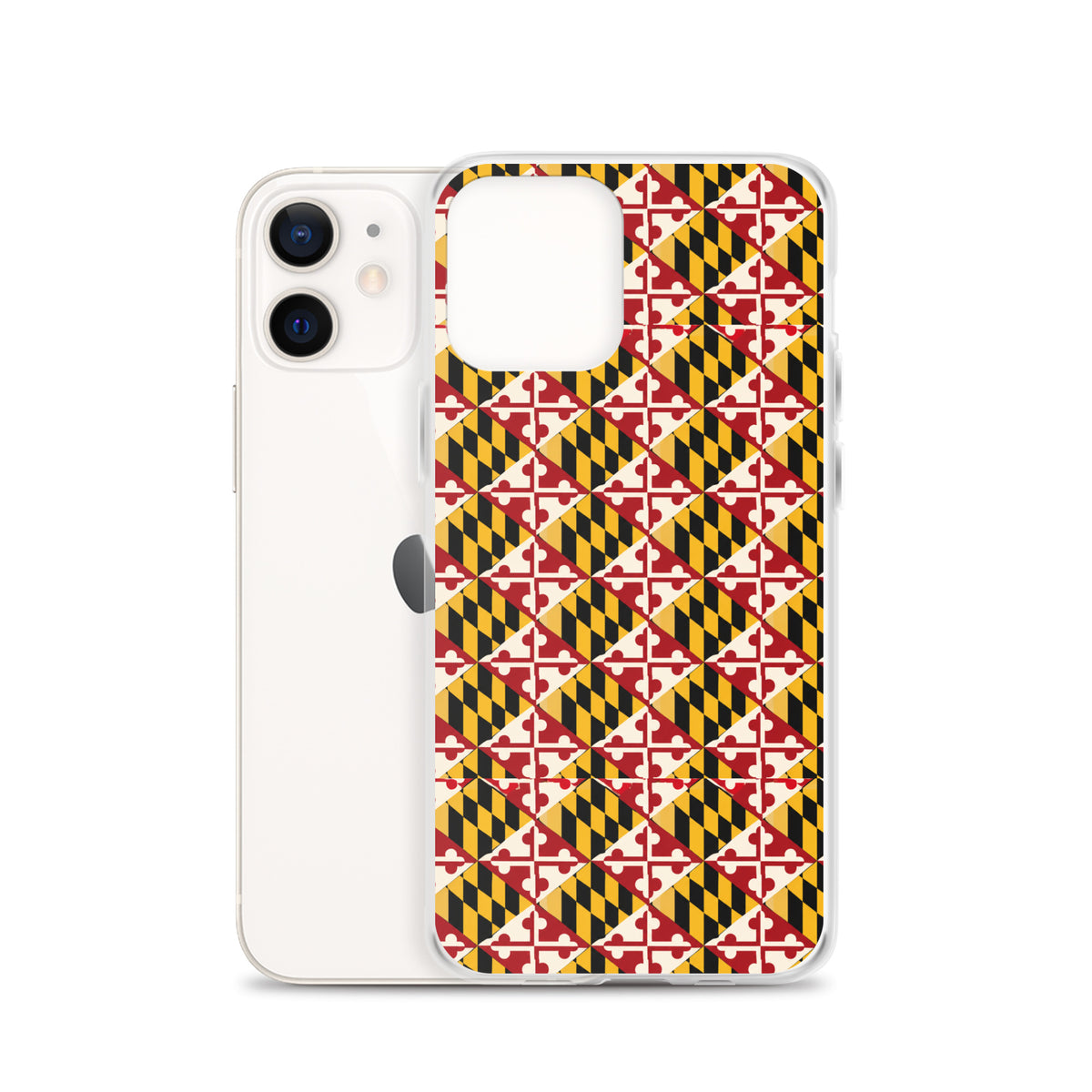 Maryland Flag Remix clear case for iPhone iphone 12, shown beside phone