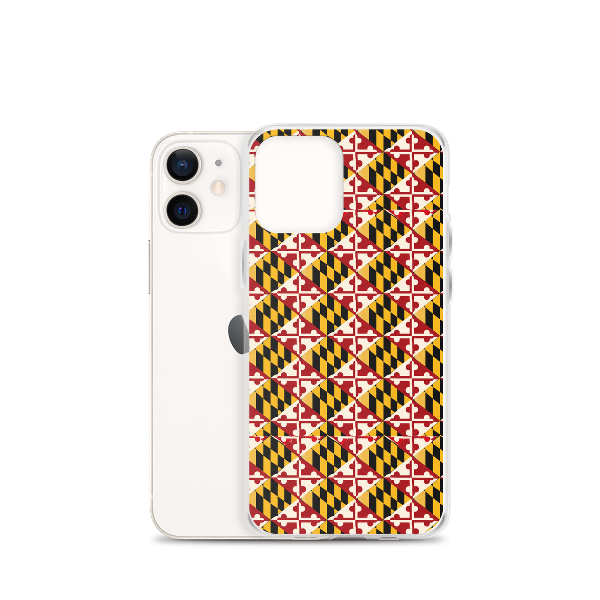 Maryland Flag Remix clear case for iPhone iphone 12 mini, shown beside phone