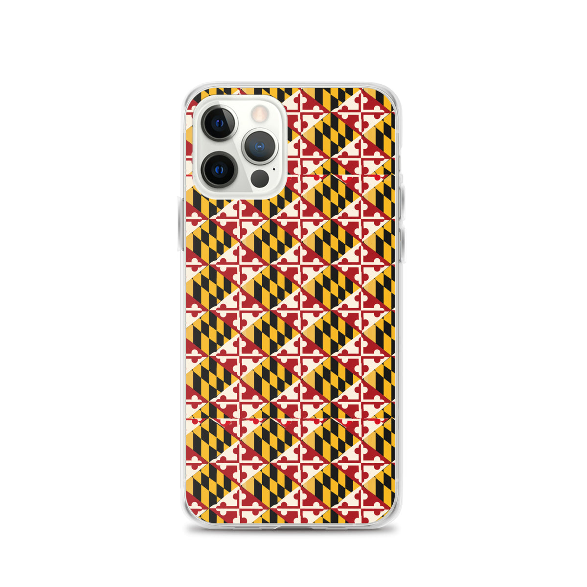 Maryland Flag Remix clear case for iPhone iphone 12 pro, shown on phone