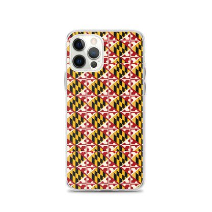 Maryland Flag Remix clear case for iPhone iphone 12 pro, shown on phone