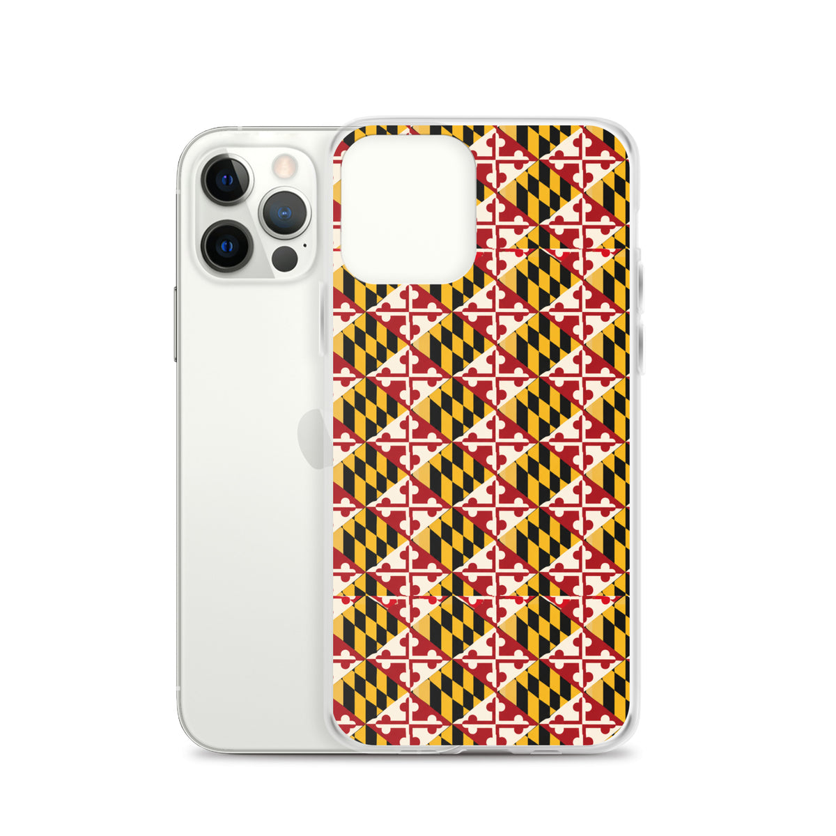 Maryland Flag Remix clear case for iPhone iphone 12 pro, shown beside phone