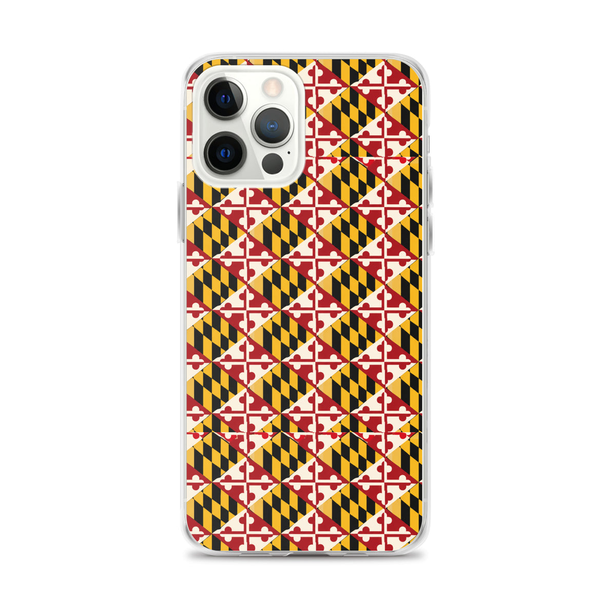 Maryland Flag Remix clear case for iPhone iphone 12 pro max, shown on phone