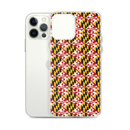 Maryland Flag Remix clear case for iPhone iphone 12 pro max, shown beside phone