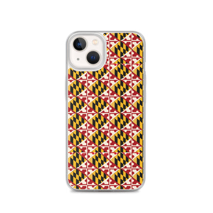 Maryland Flag Remix clear case for iPhone iphone 13, shown on phone