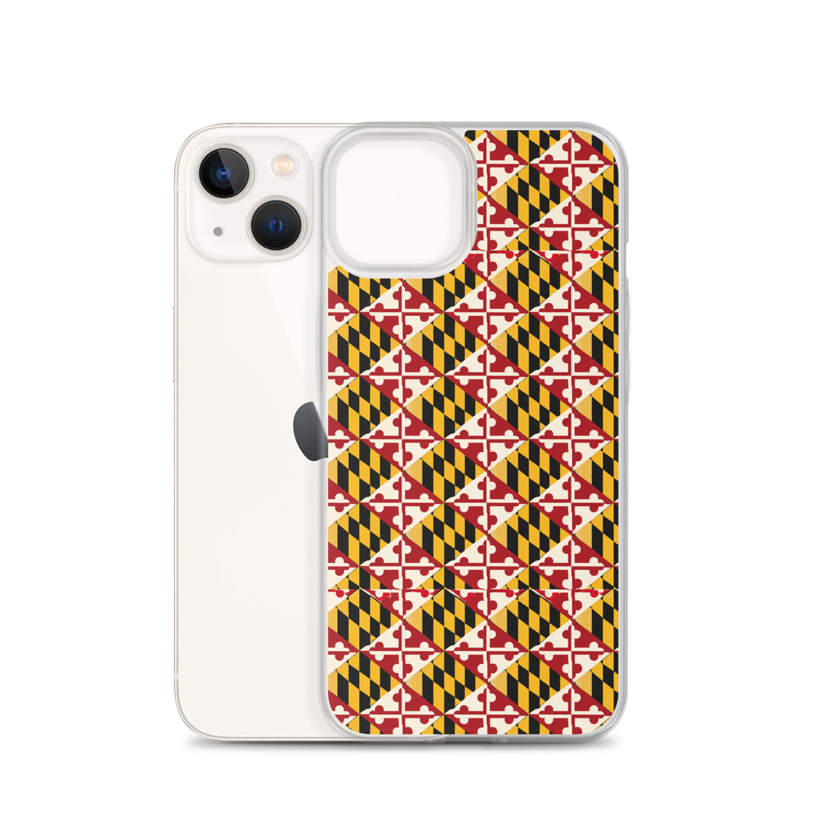 Maryland Flag Remix clear case for iPhone iphone 13, shown beside phone