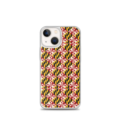 Maryland Flag Remix clear case for iPhone iphone 13 mini, shown on phone