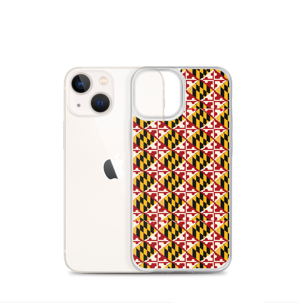 Maryland Flag Remix clear case for iPhone iphone 13 mini, shown beside phone