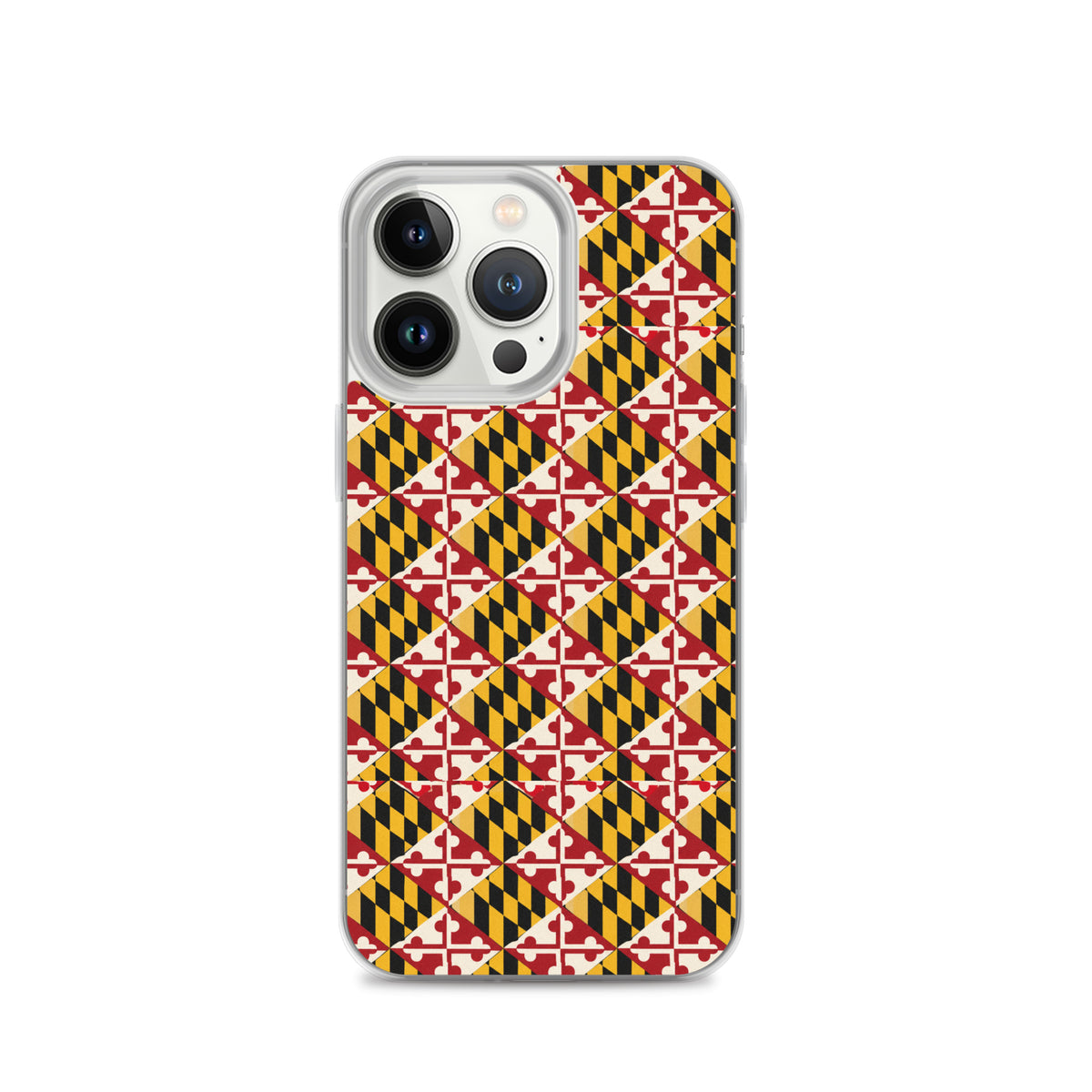 Maryland Flag Remix clear case for iPhone iphone 13 pro, shown on phone