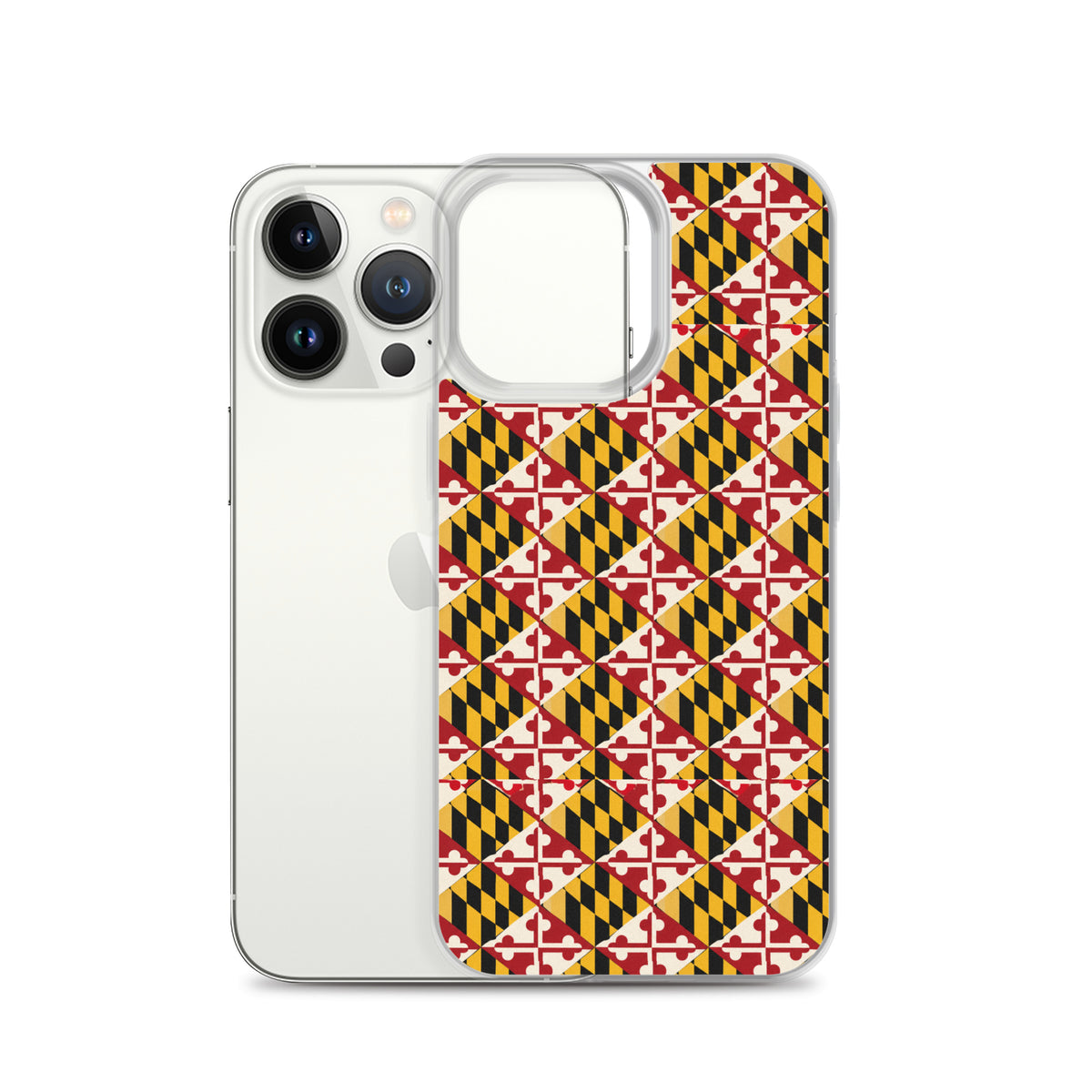 Maryland Flag Remix clear case for iPhone iphone 13 pro, shown beside phone