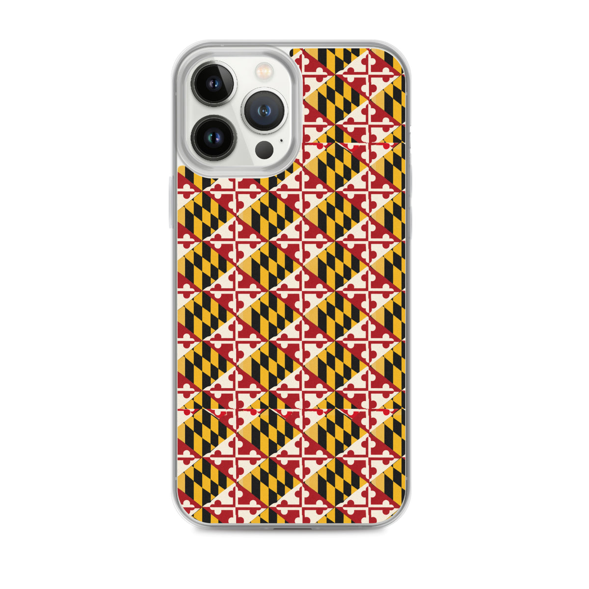 Maryland Flag Remix clear case for iPhone iphone 13 pro max, shown on phone